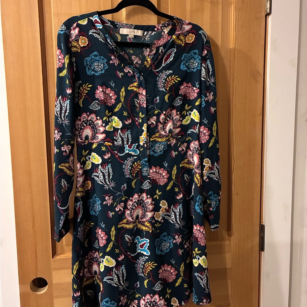 LOFT Navy Floral Long Sleeve Dress